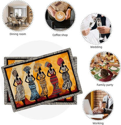 Kwanzaa Placemats Set of 6, African American Christmas Table Mats, Black Women Washable Place Mats for Coffee Bar Home Party Indoor Kitchen Dining Table Decoration 12x18 Inch