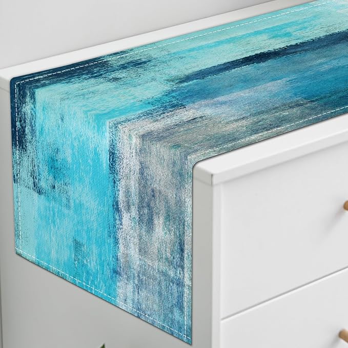 Teal Grey Table Runners Modern Art Farmhouse Linen Turquoise Table Runners - Image 3