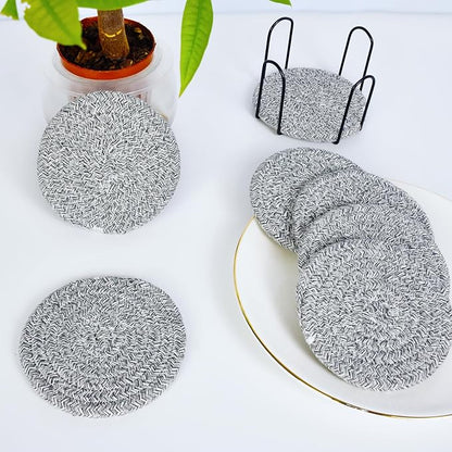 ABenkle 8 Pcs Drink Coasters with Holder, Cotton Woven Absorbent Coasters for Drinks, Minimalist Home Decor Coaster Set for Wooden Tabletop Protection Table, 4.3 inches Mied Gray