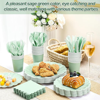 350 Pcs Light Green Scalloped Paper Plates Shell Edge Disposable Tableware Cocktail Napkins Cups Plastic Spoons Forks Knives for Wedding Baby Shower Picnic Birthday Party Supply for 50 Guests