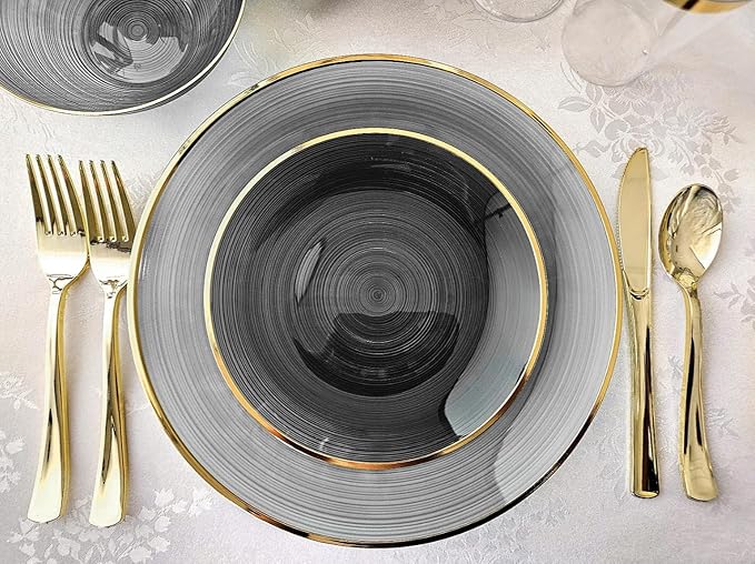 " OCCASIONS " 120 Pieces Pack,(60 Guests) Premium Wedding Party Disposable Plastic Plates Set -60 x 10'' Dinner + 60 x 7'' Salad/Dessert (Belize in Black & Gold)