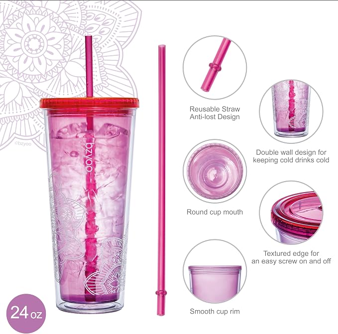 bzyoo 24oz Plastic Tumbler Cup, Lid & Straw, Iced Coffee, Mandala Pink - Image 5