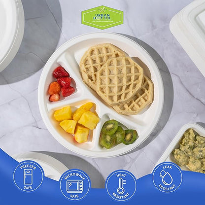 Urban Box Co. 12-Inch 4-Compartment Compostable Plates, Heavy-Duty Eco-Friendly Sugarcane Fiber, Biodegradable & PFAS-Free, BPI-Certified, Compostable Dinner Plates, 400 Pack