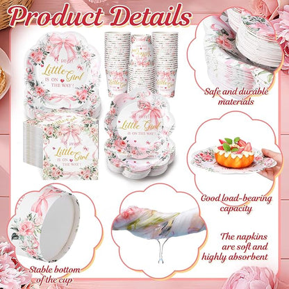 250 Pcs a Sweet Little Girl Is on The Way Baby Shower Plates Napkins | Pink Bow - Image 7