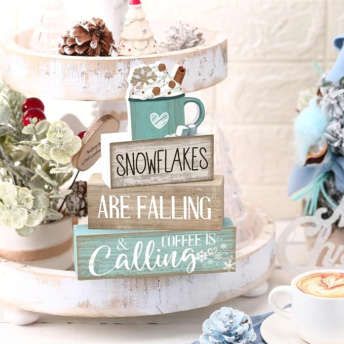 Moucuny 4 Pcs Winter Table Decor Wooden Milk Cocoa Decoration Winter Tiered - Image 2