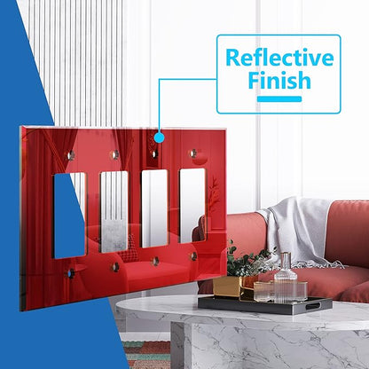 LIDER Reflective Acrylic Decorator Wall Plate, Mirrored Light Switch Plate, Plexiglass Outlet Cover, Acrylic Glass, Oversized 4-Gang 5.25" x 8.88", LWP-34O-ARD5P, Red, 5 Pack