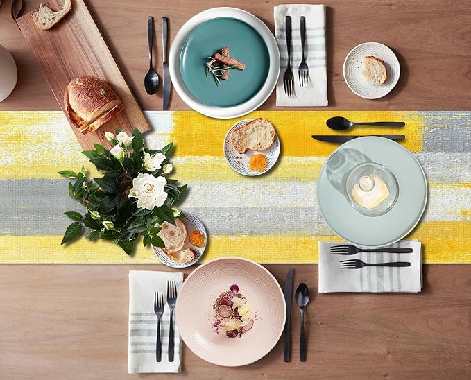 Emvency Table Runner, 13x72 Inch, Abstract Modern Yellow | Grey Art Dining Decor - Image 3
