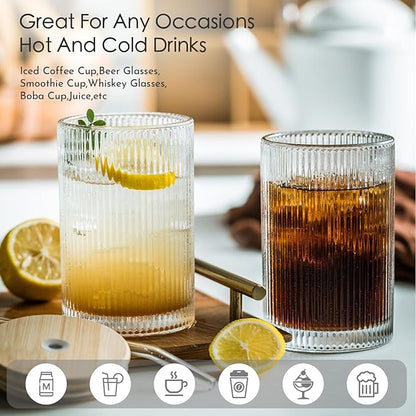 INSETLAN Set of 8 Ribbed Glassware - 4 Large Glasses 17 oz, 4 Rocks Glass Cups 10 oz, Vintage Glassware Cocktail Glasses, Ideal for Beer, Juice, Water, Ice Coffee Cup, Whiskey, Mixed Drinkware