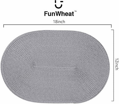 FunWheat Oval Braided Placemats Set of 6 Table Mats for Dining Tables Washable Heat Resistant Place Mats for Indoor Outdoor Use 12 x18 Inch(Oval Light Grey, 6pcs)