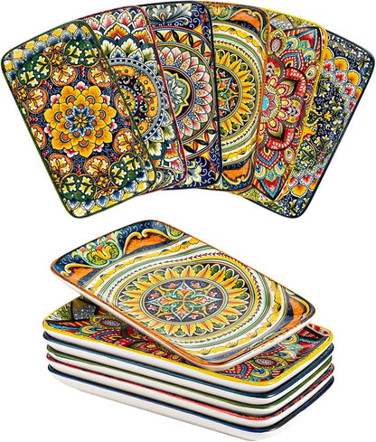 Henten Home Porcelain 8 Inch Dessert Plates, Ceramic Rectangular Salad Plate Set of 6, Bohemian Serving Dishes for Sushi, Appetizer, Cake, Sashimi, Microwave & Dishwasher Safe
