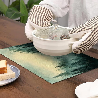 Placemats Set of 6,Misty Mountain Table Mats,Abstract Forest Washable Linen Table Mats,Non-Slip Heat Resistant Placemats for Party Kitchen Dining Indoor Outdoor 12"x18"