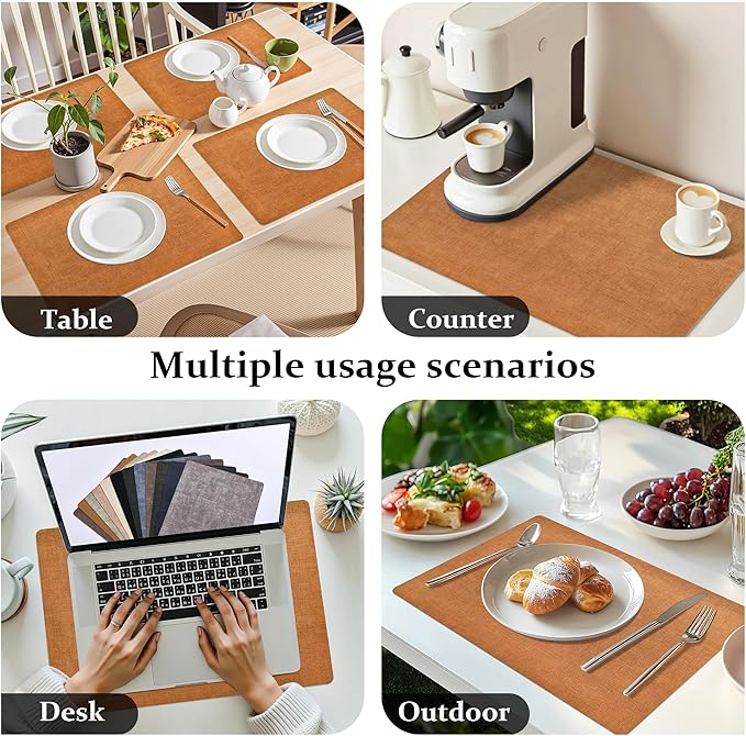 FROMHEART Faux Leather Placemats Set of 6–Waterproof,Heat/Oil Stain-Resistant PU Table Mat–Reversible,Non-Slip,Easy to Clean Place Mats for Kitchen,Dining,Indoor/Outdoor,(Orange-Grey,11.8" x 17")