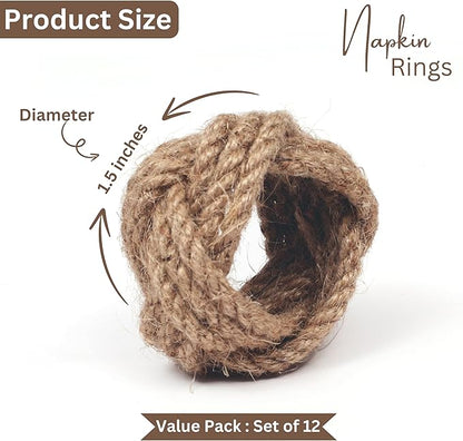 Lightnpro Jute Napkin Rings Set of 12, Classic Hand Woven Napkin Holders, Decorative Serviette Ring, Christmas Party Decoration, Everyday, Family Gatherings - Set Your Table with Style - Natural