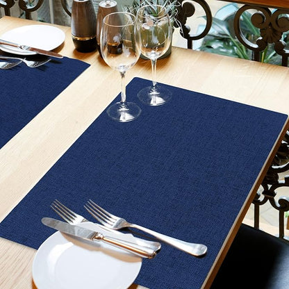 Cloth Placemats Set of 4, Cotton Linen Blend Machine Washable Double Layered Place Mats, Heat Resistant Placemats Wrinkle Free Thick Fabric Dining Table Mats for Indoors & Outdoors (Navy Blue, 4)