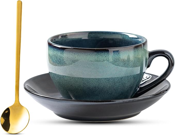 Porcelain Coffee Cup with Saucer Spoon, Vintage Design Ceramic Latte Art by Tvvtuww