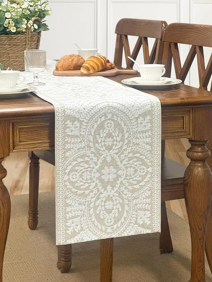 KEVA Boho Table Runner 91inches Long, Farmhouse Rustic Vintage White - Image 6