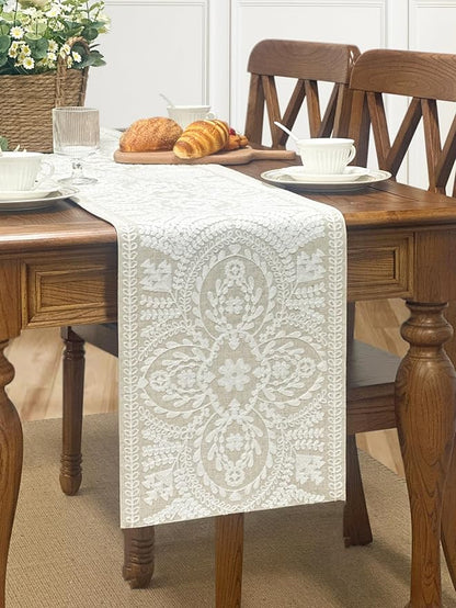 KEVA Boho Table Runner 110inches Long, Farmhouse Rustic Vintage White - Image 6