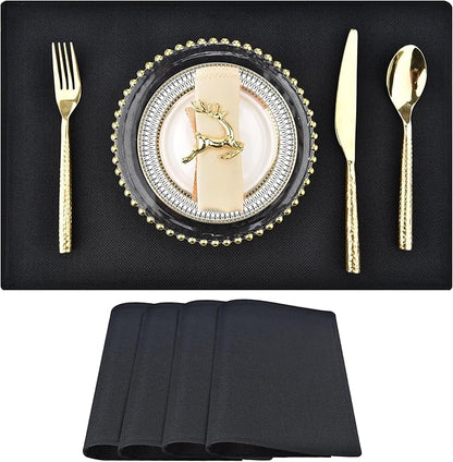 SLKQG Black Linen-Look Fabric Placemats Set of 4, Heat Resistant & Machine Washable Double-Layered Cloth Placemats for Dining Table, Indoor/Outdoor Use, Non-Slip Kitchen Table Mats (4, Black)