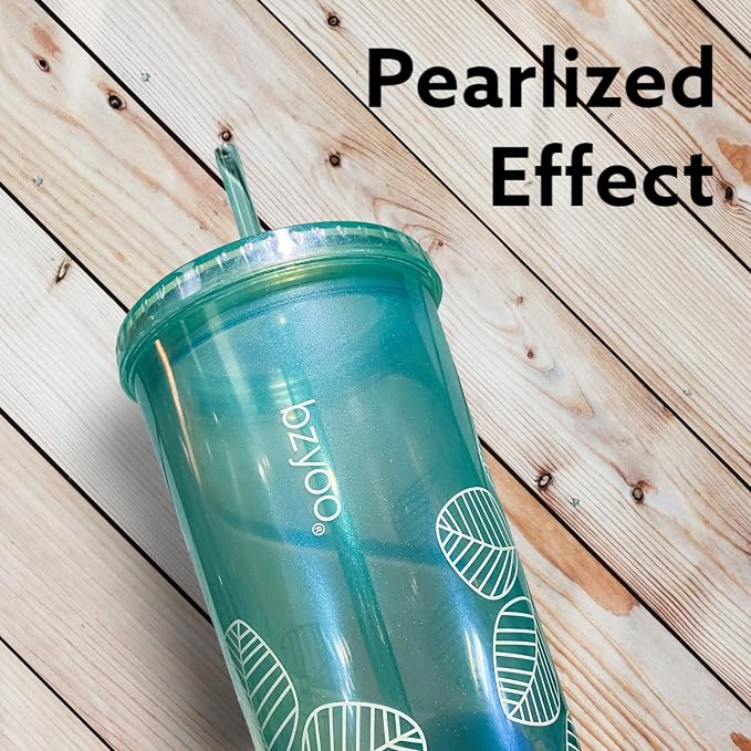 bzyoo 24oz Plastic Tumbler Cup, Lid & Straw, Iced Coffee, Pearl Green Leaf - Image 4