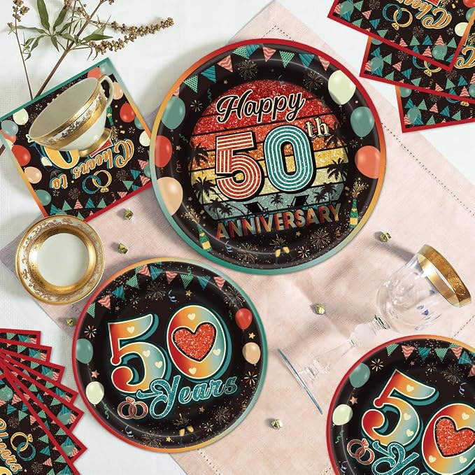 EUOYUFO 96Pcs Vintage 50th Anniversary Paper Plates Napkins Forks 50th Wedding - Image 5