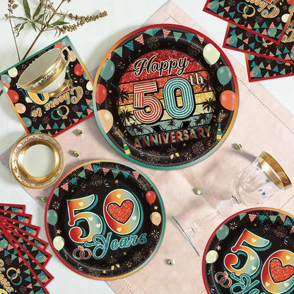 EUOYUFO 96Pcs Vintage 50th Anniversary Paper Plates Napkins Forks 50th Wedding - Image 5