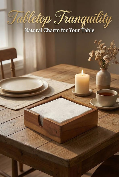 Acacia Lunch Napkin Holder 7.8 x 7.8 inches for Dining Table and Kitchen – Napkin Dispenser Made from Brown Acacia Wood – Premium Quality Feel for Dessert Beverage Party Dinner Luncheon Bar Table