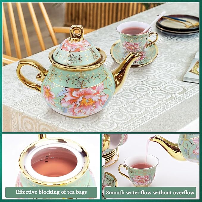 20Pcs Porcelain Tea Set with Metal Holder and Spoons, Floral Tea Sets - Image 5