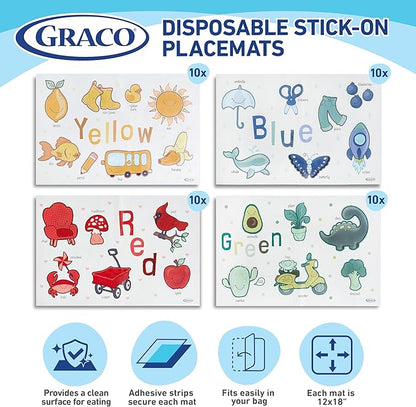 Graco Baby Disposable Stick-On Placemats, 40 Sheets with Assorted Designs, 12" x 18", Adhesive Table Mats for Mealtime, Home & Restaurant Use, Eco-Friendly