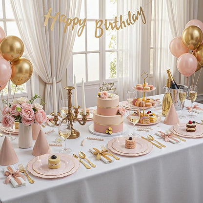 WDF 100pcs Pink Plastic Plates - High-end Baroque Design - Pink and Gold Plates for Upscale Party & Valentine's Day - Including 50 Disposable Plate 10.25inch, 50Salad Plate 7.5inch