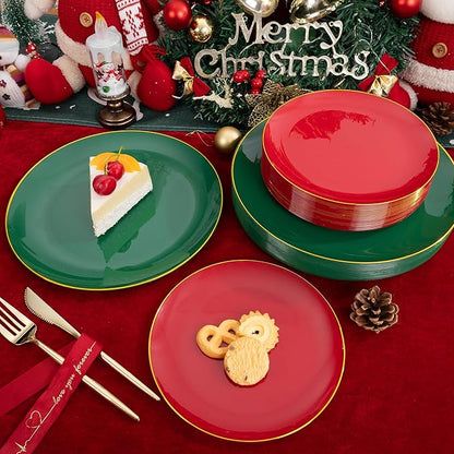 I00000 150Pcs Red and Green Plastic Plates with Gold Rim,Fancy Christmas Plastic Plates,Nice Christmas plates Set include 30 Dinner Plate,30 Dessert Plate, 90 plastic Silverware Set for christmas