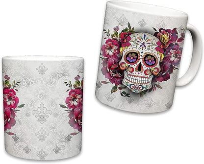 Sweet Gisele Sugar Skull Ceramic Mug, Floral Print Coffee Cup, Day of the Dead Design, Beautiful Vivid Colors, Great Novelty Gifts 11 Fl Oz White