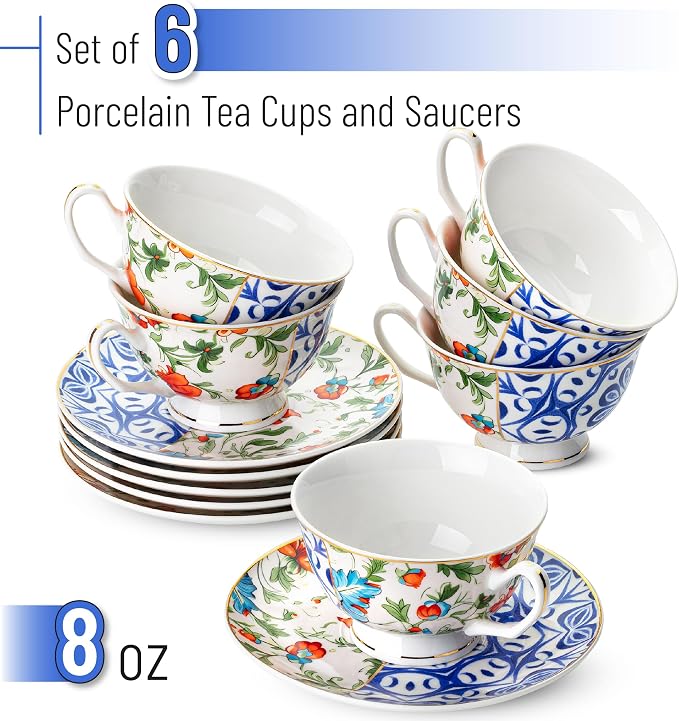 BTaT- Floral Tea Cups and Saucers, 8 oz, Fine Porcelain Teacup Set - Image 2