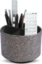 lizimandu Round Leather Art Supply Organizer,Remote Control Holder,360 Degree Spinning,Multi-Functional Pencil Holder,4 Compartments Desktop Stationary Organizer(1-Carved Cooper Gold)