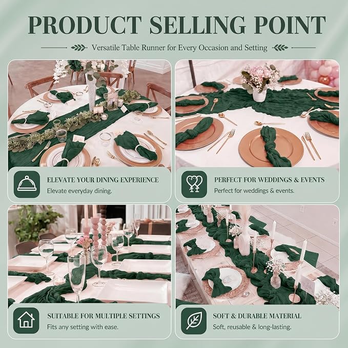 2 Pack Emerald Green Cheesecloth Table Runner 17x108 Inch Boho Rustic Semi - Image 7