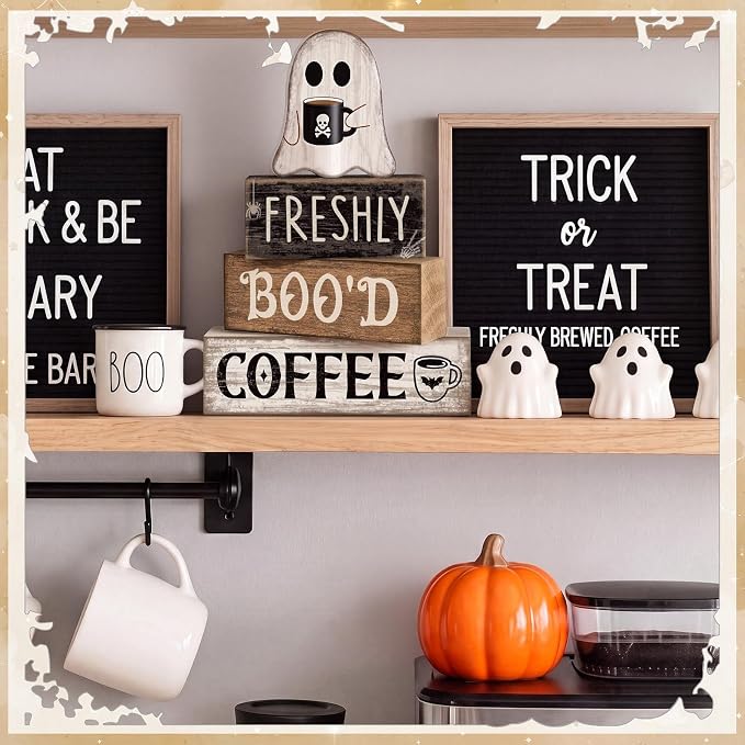 Moucuny 4 Pcs Halloween Coffee Table Decorations Cute Ghost Stacked Wooden Decor - Image 4