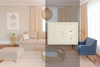 Henne Bery Sunken Pearls Heavy Duty Decorative Wall Plate Switch Plate Outlet Cover (Double Toggle/Single Decorator, Light Almond)