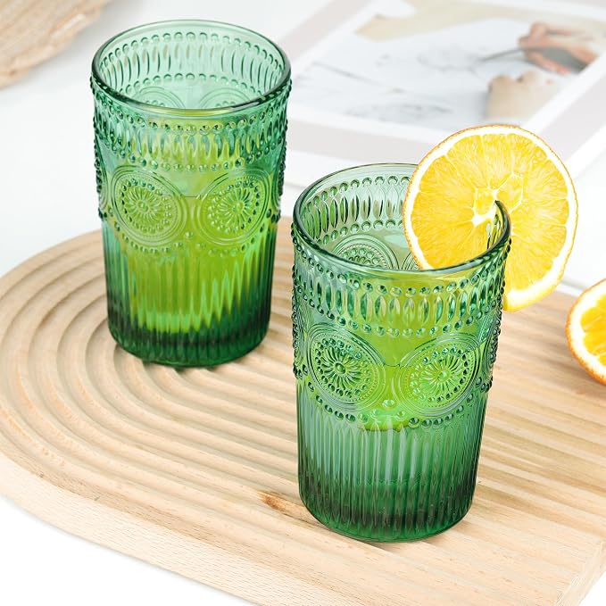 Joeyan Green Vintage Drinking Glasses, Embossed Ribbed Water Glass Cups - Image 5