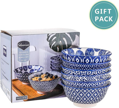 Selamica Blue and White Porcelain 20oz Cereal Bowl Set - Set of 6, 6 inch Soup Bowls, Ceramic bowls for Cereal, Soup, Salad and Pasta, Vintage Blue