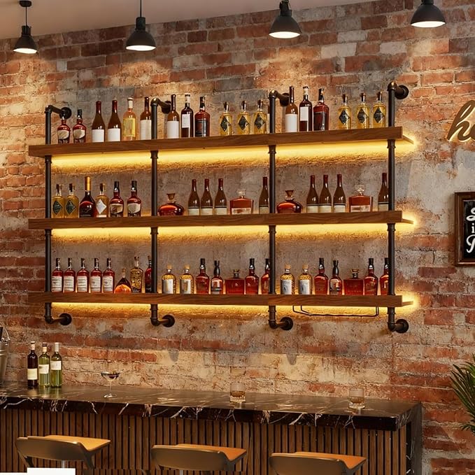 70.8in Large Wine Rack with LED Light Solid Wood Wall Mounted Wine Rack, 3-Tiers Liquor Bottles Floating Shelves Display Storage Organizer for Home Bar & Dining Room (180cm/70.8in)