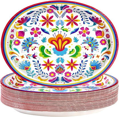50Pcs Mexican Fiesta Oval Paper Plates 10" x 12" Large Disposable Heavy Duty Colorful Mandala Floral Party Plates Cinco De Mayo Dessert Platters for Taco Tuesday Birthday Party Supplies Decor