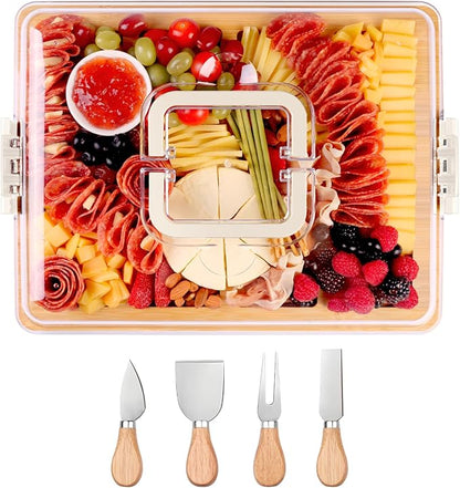 Charcuterie Board with Lid and Handle - Portable Travel Design Bamboo Cheese Board Set with 4 Cheese Tools, Gift for Housewarming, Weddings, Picnics(8 Compartments, White)