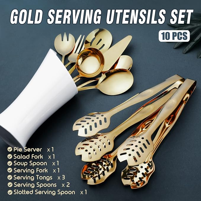 Gold Serving Utensils, OGORI 10-Piece Polished Stainless Steel Gold Serving - Image 2