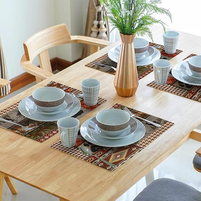 Rustic Lodge Bear Deer Placemats Set of 4, 12x18 Inch Vintage Cabin Pine Cone Wild Animal Place Mats Boho Style Country Heat Resistant Table Mats for Holiday Party Kitchen Dining Table