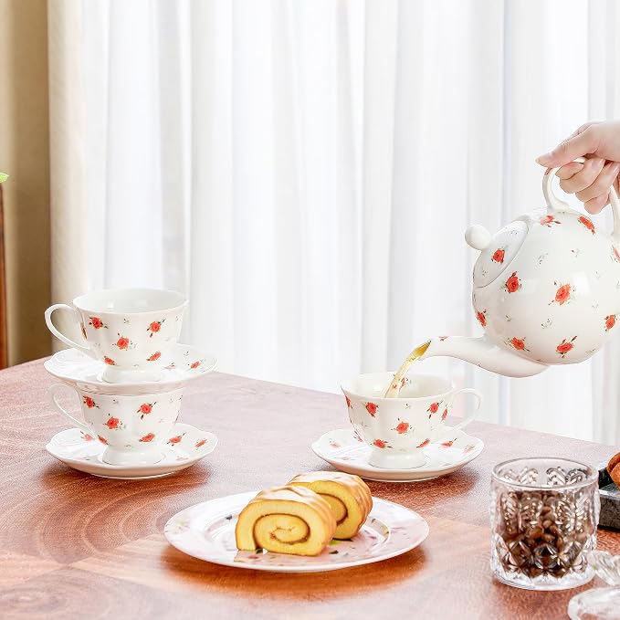 6oz Floral Porcelain Tea Cup & Saucer Set of 6, Rose Pattern | Elegant rose tea - Image 4