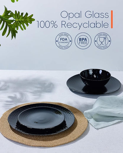 Dinnerware Sets for 4, Light & Durable 12 Pieces Opal Glass Plates and Bowls Set, Dishwasher and Microwave Safe Dish Dinning Ware, Thin but Strong Geometric Faceted Black