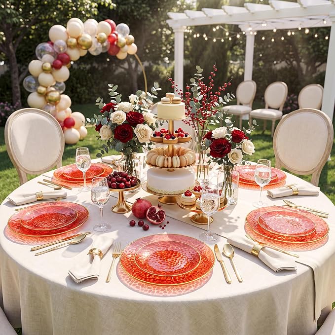 Rubtlamp 60 Pcs Red Plasitc Plates, Fancy Party Plates, Hammered Plastic plates - Image 8