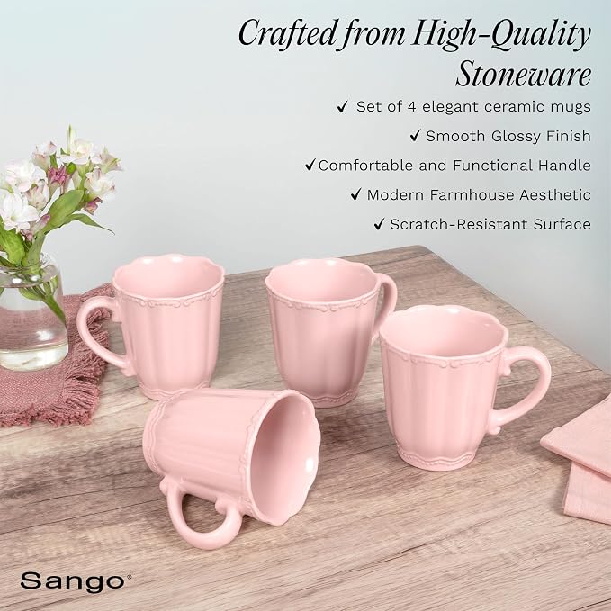 SANGO Bethany Pink Mugs Set of 4, 15 oz Stoneware Pink Coffee Mugs, Vibrant - Image 6