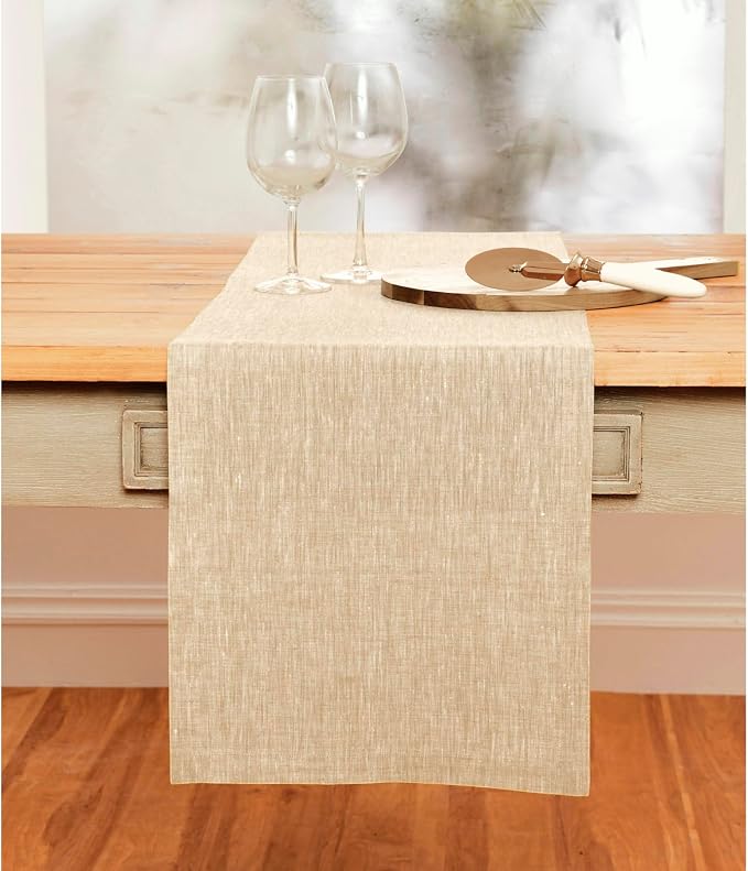 Solino Home 100% Pure Linen Table Runner Beige Long, Athena 14 x 108 in | Table - Image 2