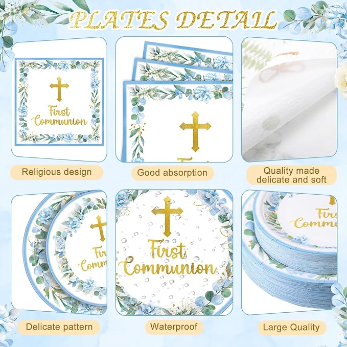 Pickmesh 250 Pcs Blue First Holy Communion Disposable Tableware Set God Bless - Image 2