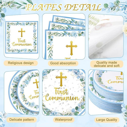 Pickmesh 250 Pcs Blue First Holy Communion Disposable Tableware Set God Bless - Image 2